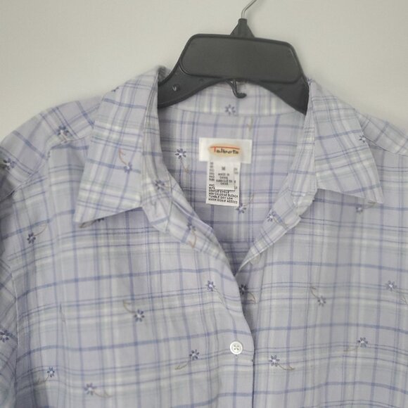 TALBOT'S Linen Plaid Shirt Button Down Embroidered Floral Blue Tones Checks - Picture 2 of 10